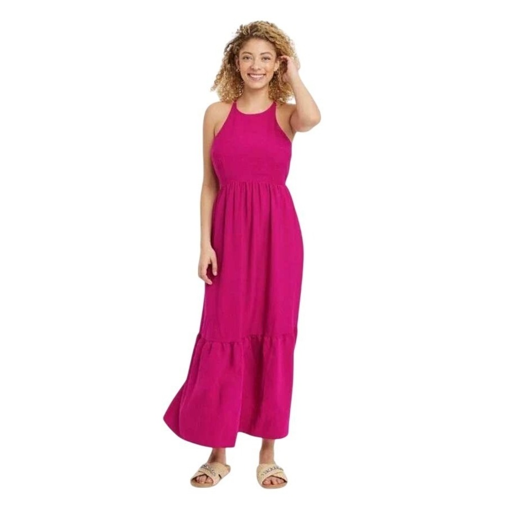 A New Day Magenta Pink Halter Maxi Dress Open Back Tiered Size Medium